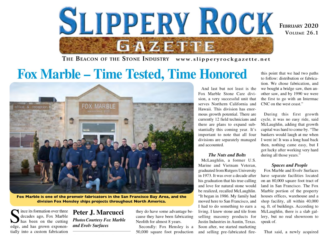 Fox Marble Featured In Most Widely Read Stone Trade Newspaper - Fox Marble